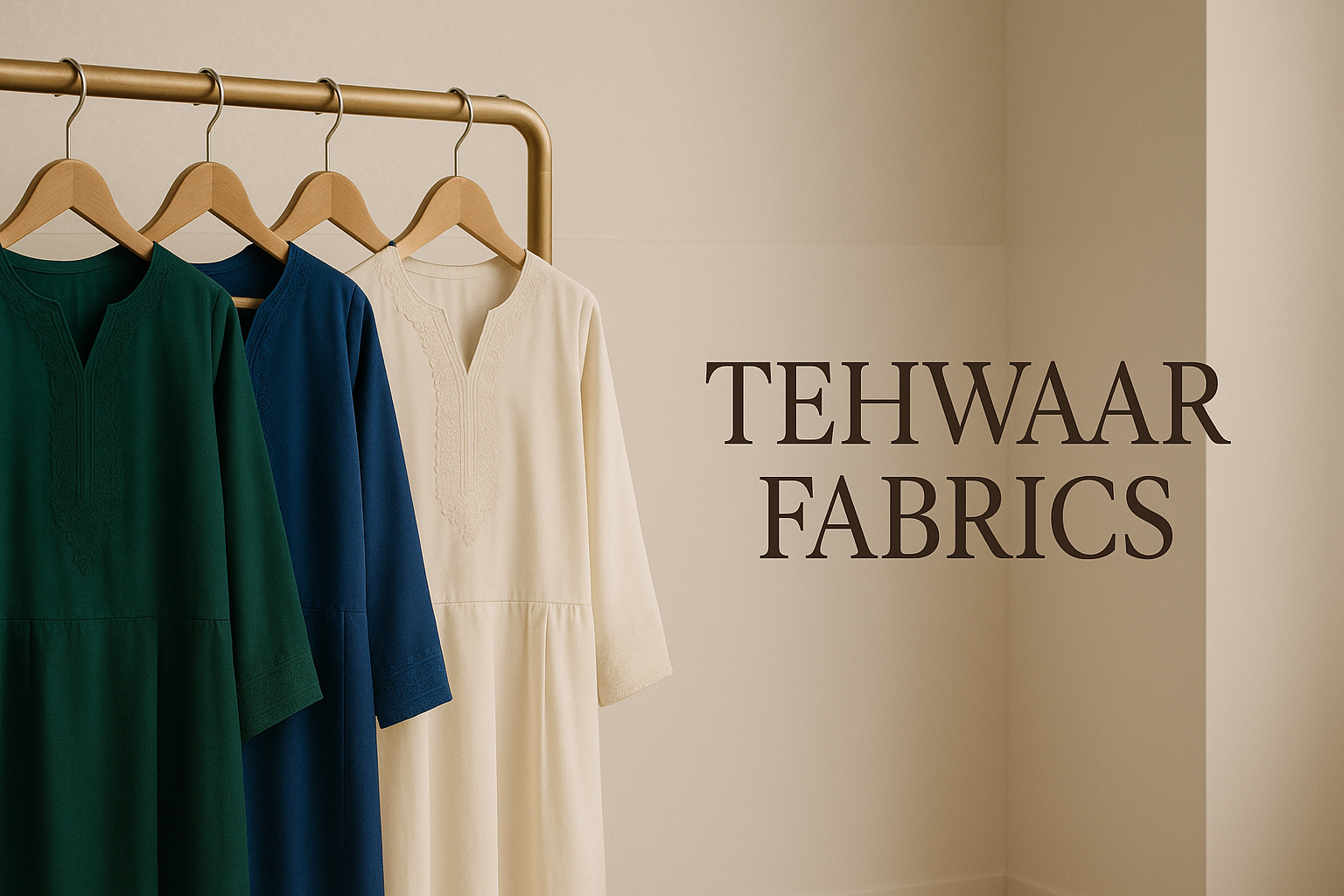 create relistic banner for shopify showing shop Named As "Tehwaar fabrics" , hanging stitched shalwar kameez in it 